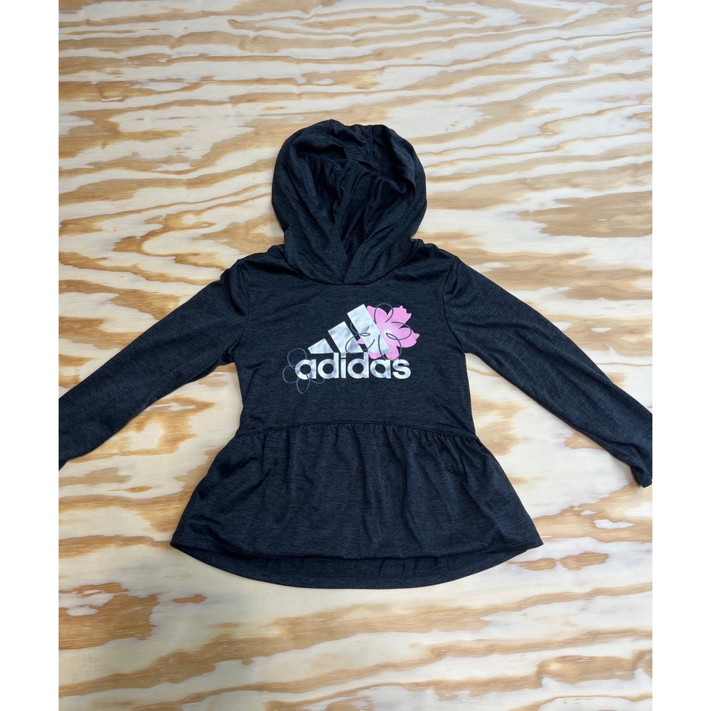 Adidas Girls 4T Heathered Charcoal Gray Peplum Hoodie Floral Silver Pullover